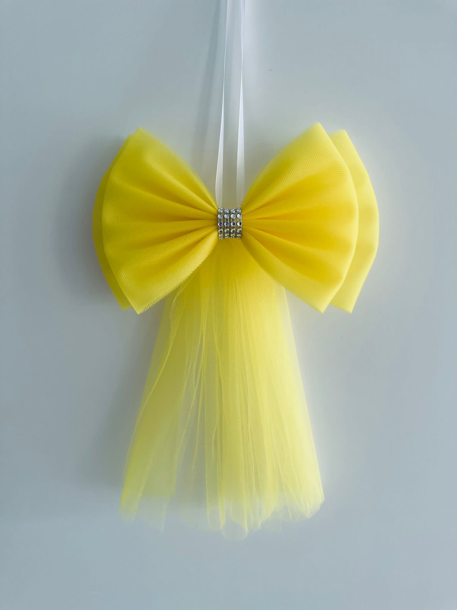 Luxe Trouwauto Decoratie: Gele Strikken met Diamanten Lint (4 stuks)