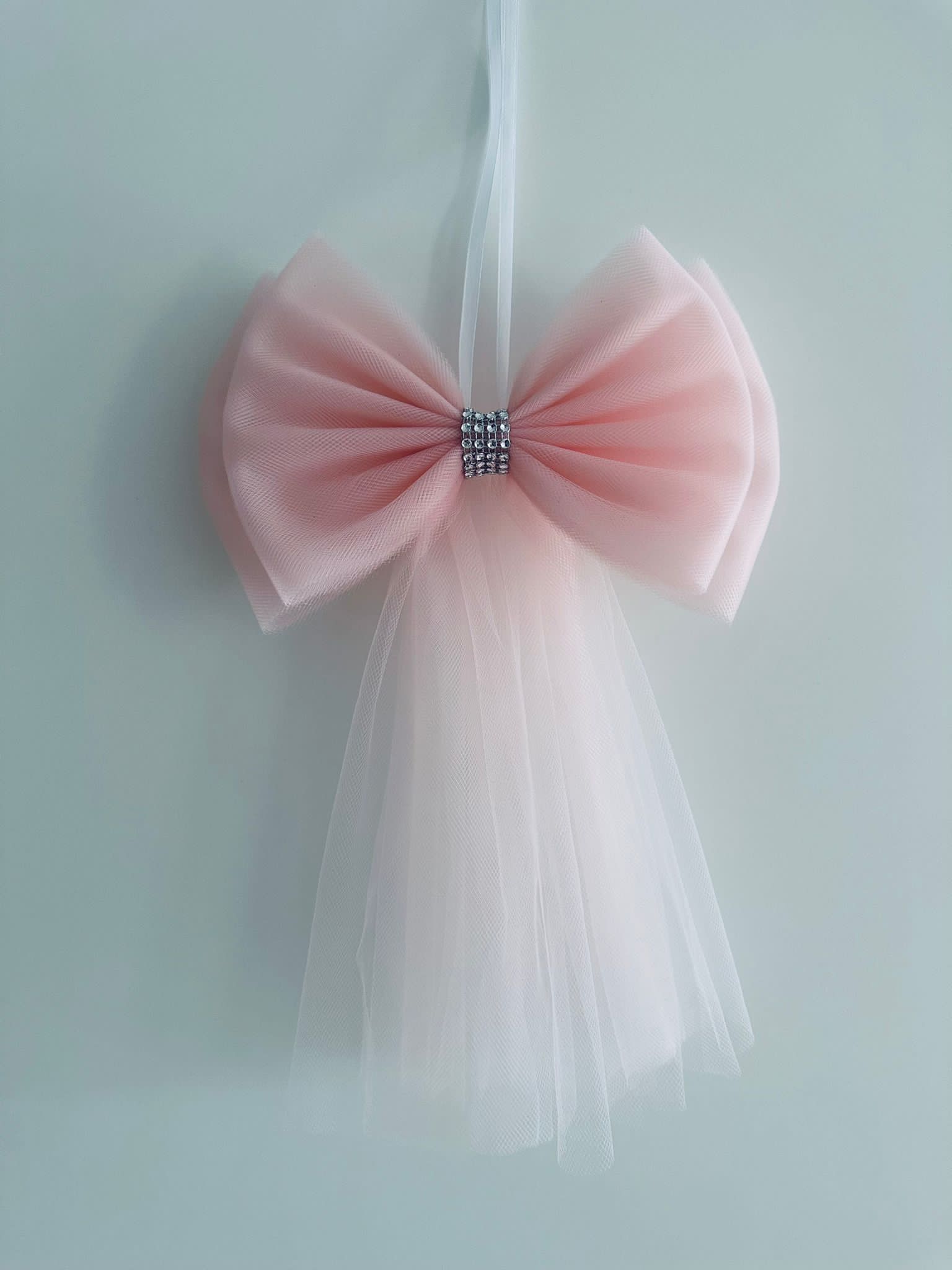 Luxe Trouwauto Decoratie: Poeder Roze Strikken met Diamanten Lint (4 stuks)