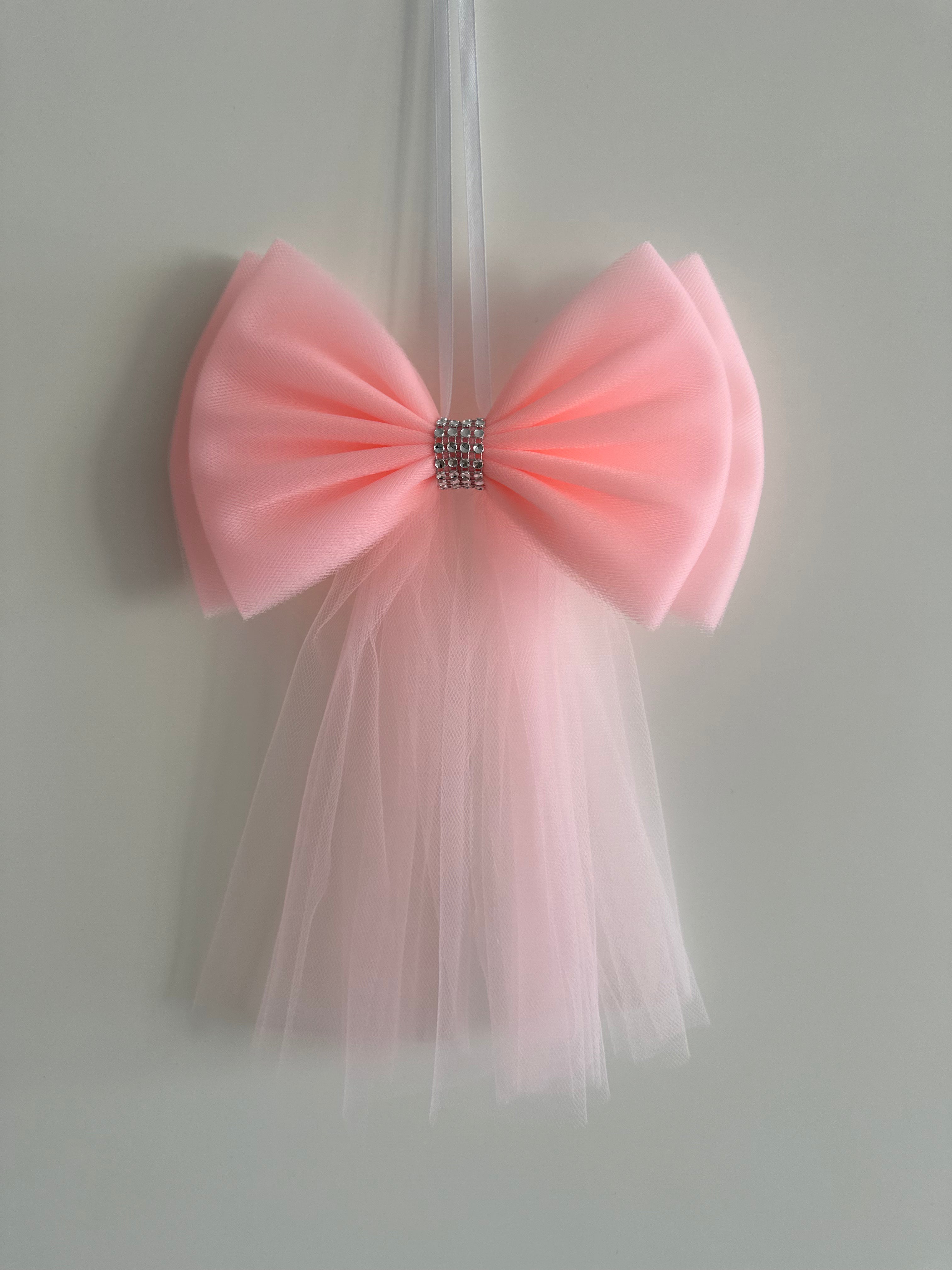 Luxe Trouwauto Decoratie: Neon Roze Strikken met Diamanten Lint (4 stuks)