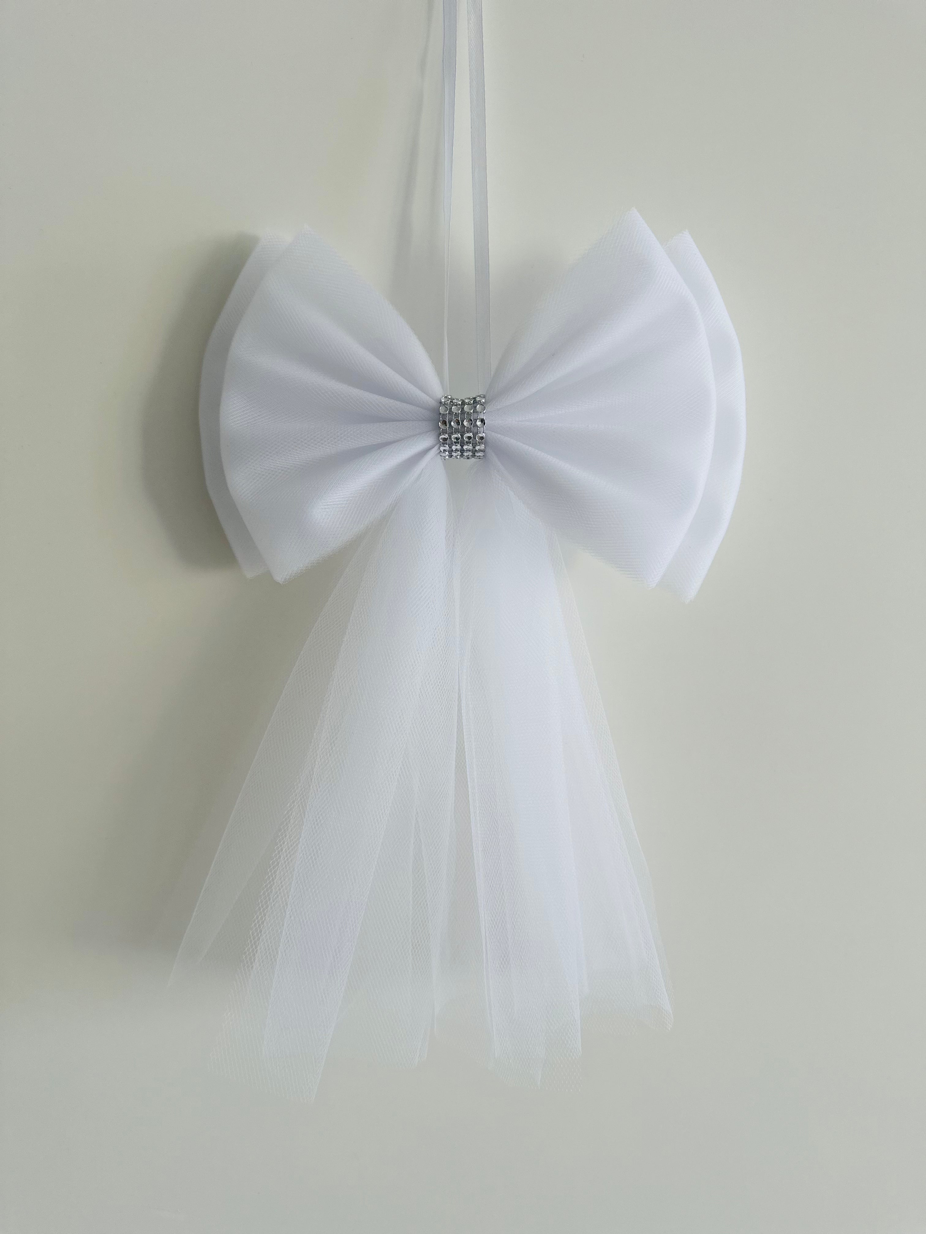 Luxe Trouwauto Decoratie: Witte Strikken met Diamanten Lint (4 stuks)