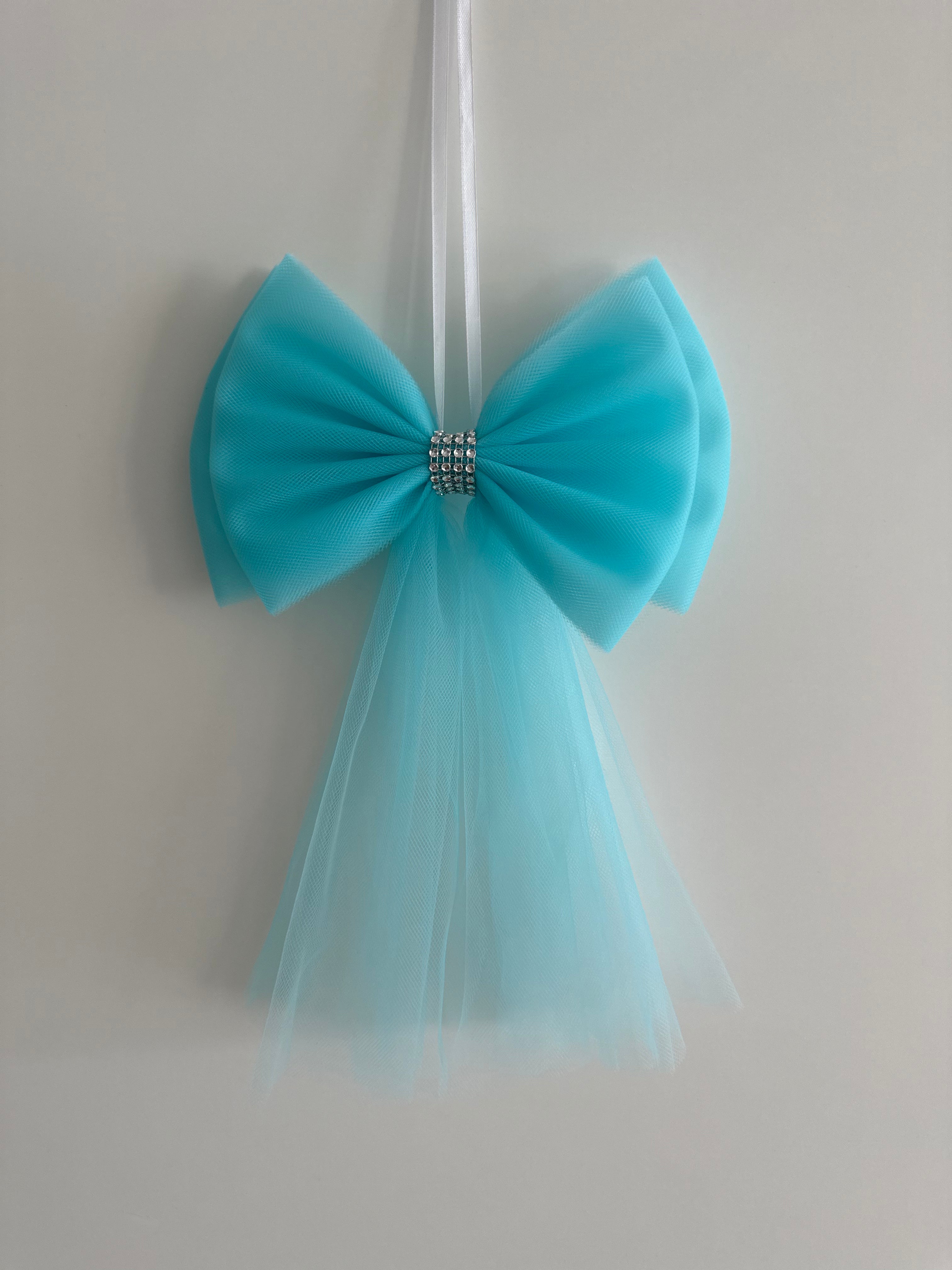 Luxe Trouwauto Decoratie: Sky Blue Strikken met Diamanten Lint (4 stuks)
