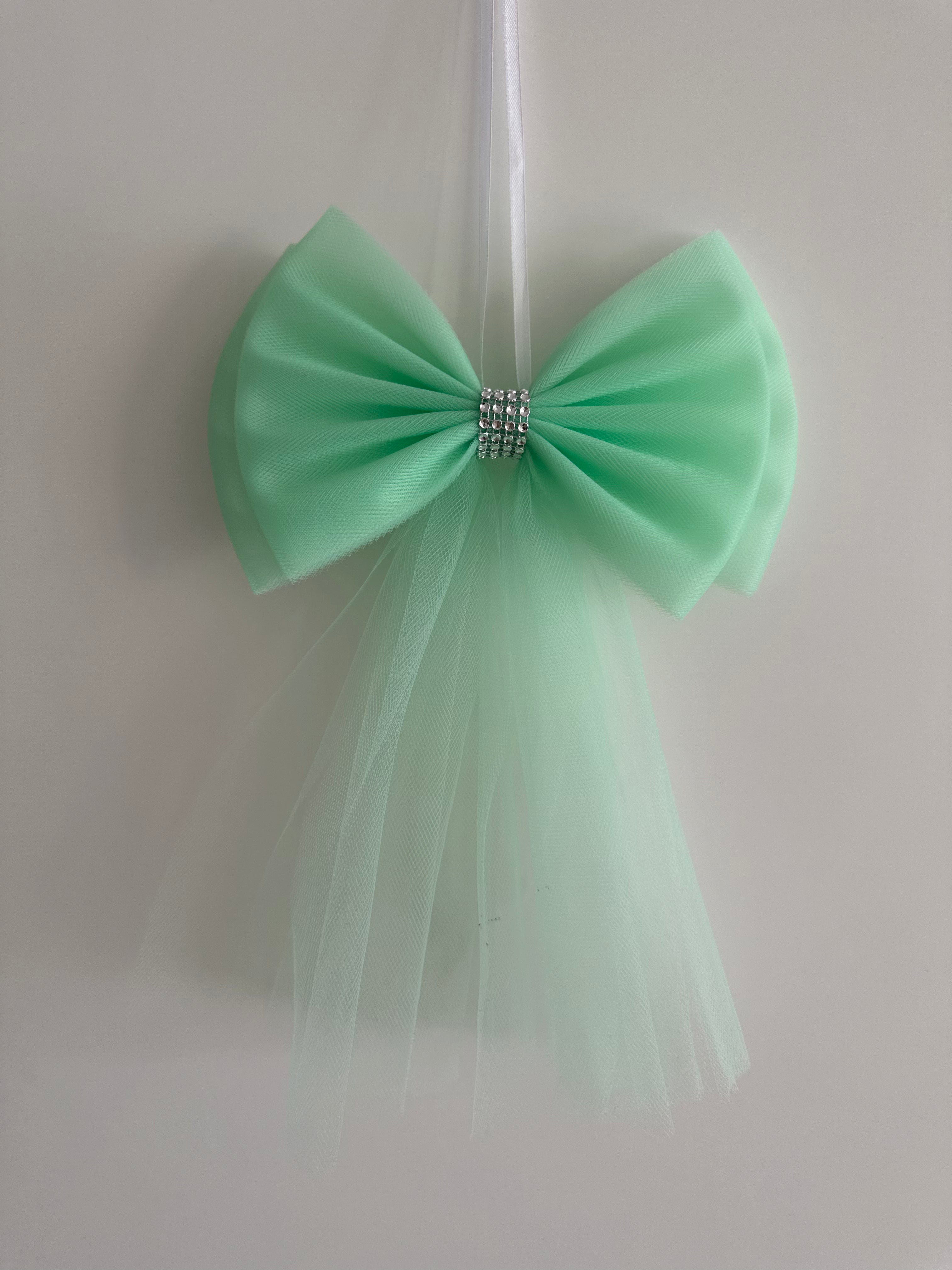 Luxe Trouwauto Decoratie: Mint Strikken met Diamanten Lint (4 stuks)