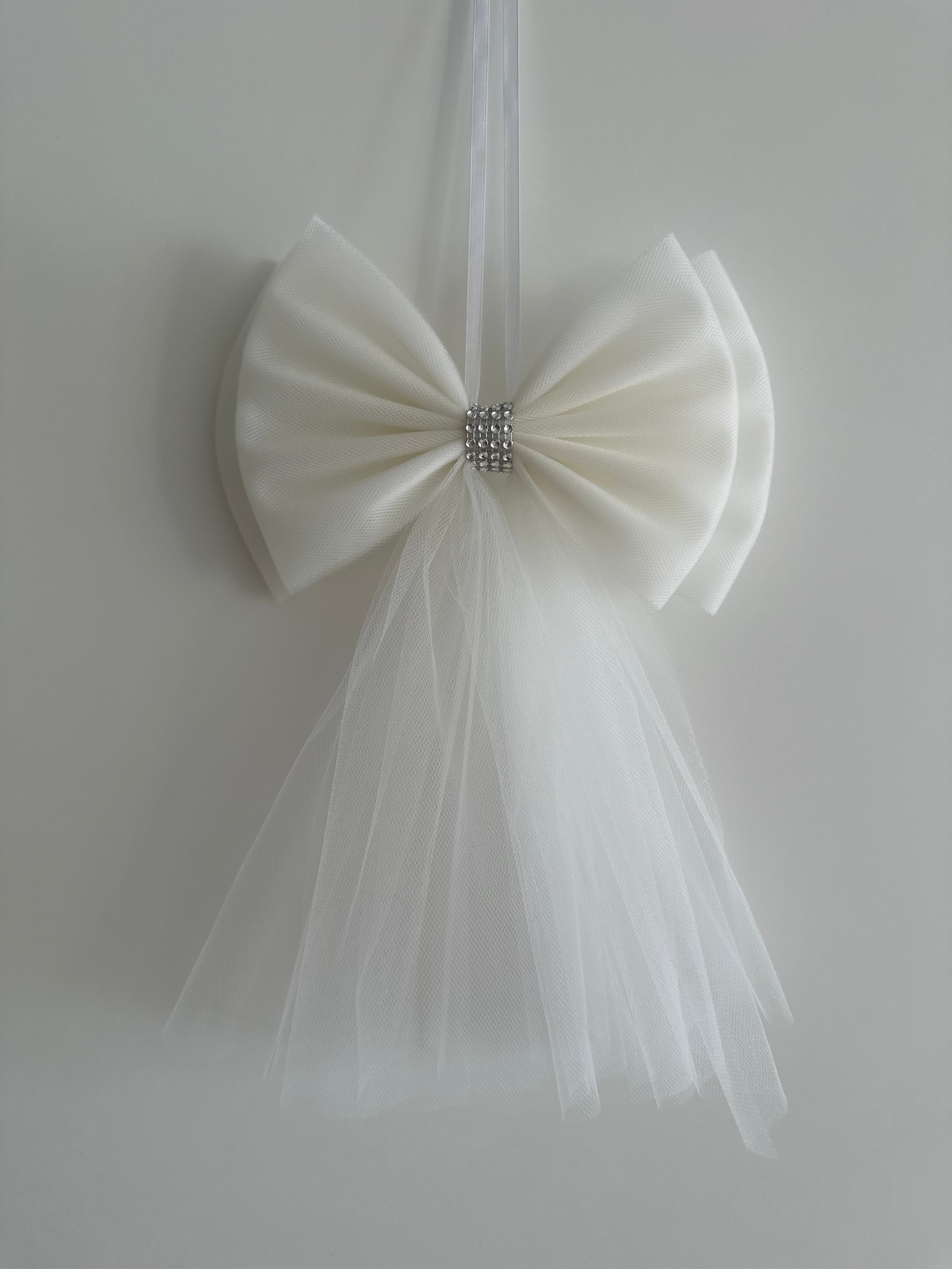 Luxe Trouwauto Decoratie: Ecru Strikken met Diamanten Lint (4 stuks)