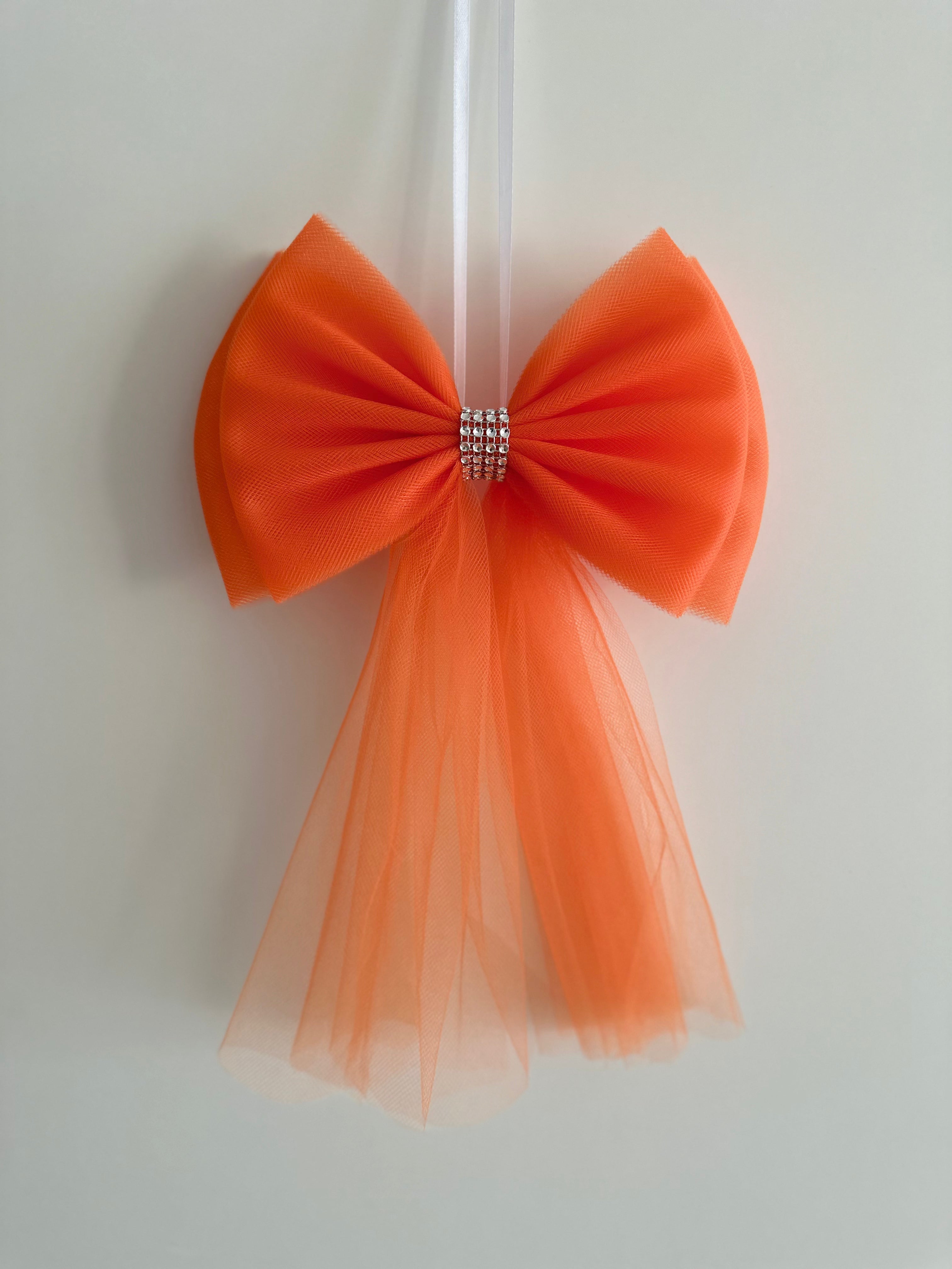 Luxe Trouwauto Decoratie: Oranje Strikken met Diamanten Lint (4 stuks)